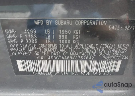 2019 Subaru Impreza 2.0I z USA, uszkodzony, nr VIN 4S3GTAA69K3757642